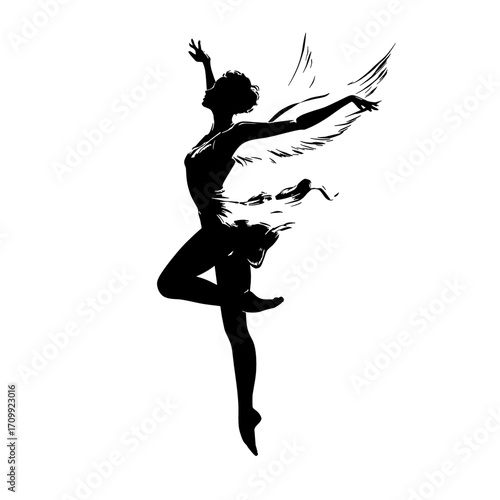 Female angel silhouette, uplifted arms and radiant halo with feathered wings - black and white illustration, sacred figure of blessing, comfort, purity, guidance and protective grace
