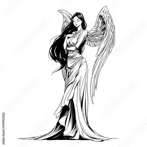Female angel silhouette, side profile with sweeping robes and uplifted wings - black and white illustration, heavenly spiritual symbol of peace, purity, guidance, comfort and gentle strength
