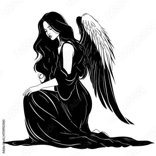 Female angel silhouette, descending with expanded wings and trailing gown - black and white illustration, sacred figure embodying protection, solace, grace, devotion and hope