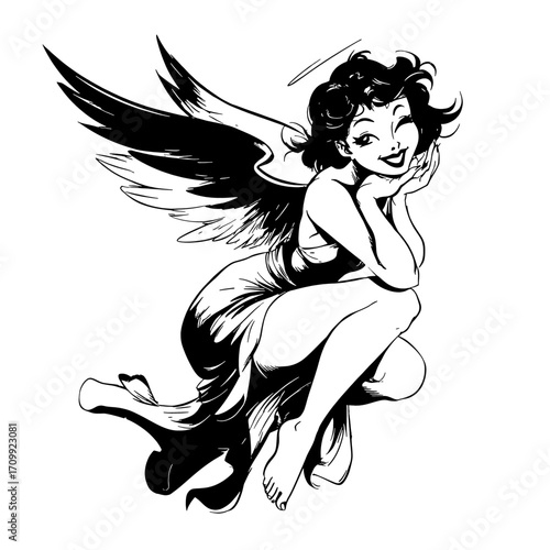 Female angel silhouette, long robes sweeping in motion and wings arched backward - black and white illustration, emblem of serenity, compassion, hope, solace and enduring protection