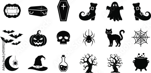 Collection of halloween silhouettes featuring vampire, coffin, ghost, pumpkin, skull, cat, and spider for spooky designs