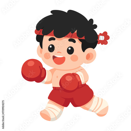 Cartoon Illustration of a Young Muay Thai Boxer