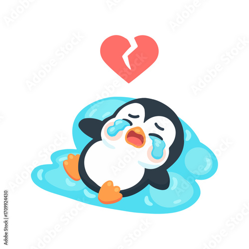 Cartoon Penguin Crying with Broken Heart Above