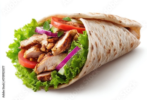 Grilled chicken wrap, filled with fresh veggies