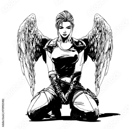 Female angel silhouette, elegant stance with grand feathered wings and flowing garments - black and white illustration, celestial symbol of grace, devotion, serenity, comfort and light