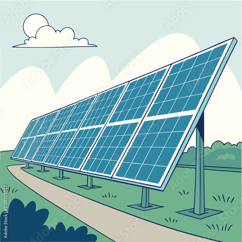 Blue solar panels on a house roof generate clean, renewable electricity under a bright sunlit sky
