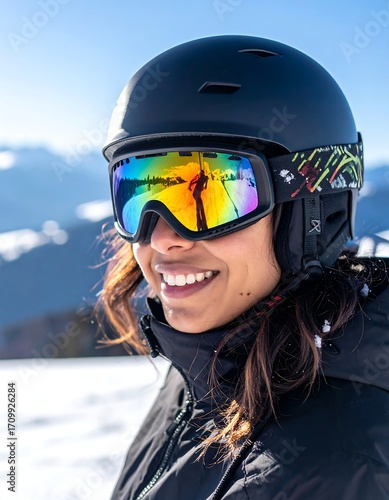 Woman smiles wearing ski goggles