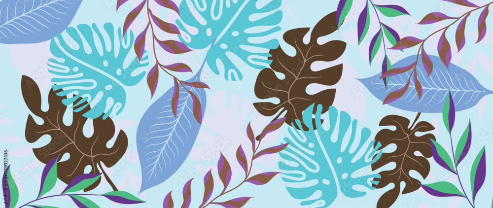 Fototapeta premium Abstract tropical plant background vector. Colorful boho foliage botanical tropical leaves and floral pattern. Illustration for summer sale banner , wall art, prints and fabrics.