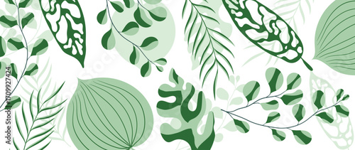 Abstract tropical plant background vector. Colorful boho foliage botanical tropical leaves and floral pattern. Illustration for summer sale banner , wall art, prints and fabrics.