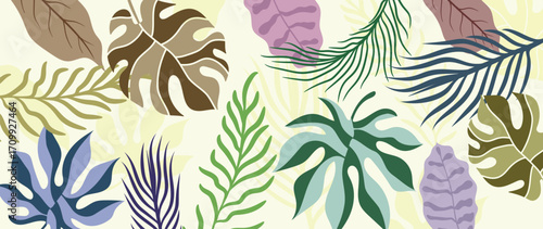 Abstract tropical plant background vector. Colorful boho foliage botanical tropical leaves and floral pattern. Illustration for summer sale banner , wall art, prints and fabrics.