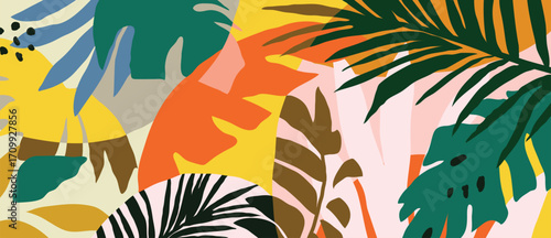 Abstract tropical plant background vector. Colorful boho foliage botanical tropical leaves and floral pattern. Illustration for summer sale banner , wall art, prints and fabrics.