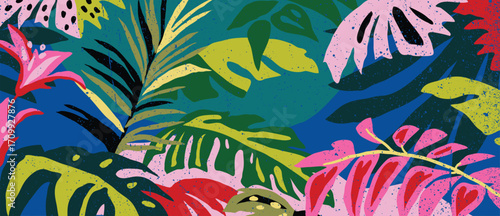 Abstract tropical plant background vector. Colorful boho foliage botanical tropical leaves and floral pattern. Illustration for summer sale banner , wall art, prints and fabrics.