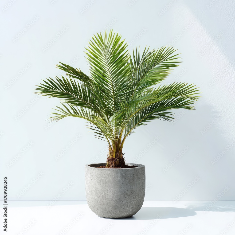 Obraz premium A palm tree in a gray planter against a light background