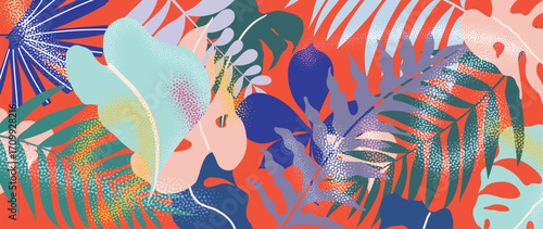 Abstract tropical plant background vector. Colorful boho foliage botanical tropical leaves and floral pattern. Illustration for summer sale banner , wall art, prints and fabrics.