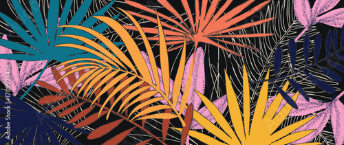 Abstract tropical plant background vector. Colorful boho foliage botanical tropical leaves and floral pattern. Illustration for summer sale banner , wall art, prints and fabrics.