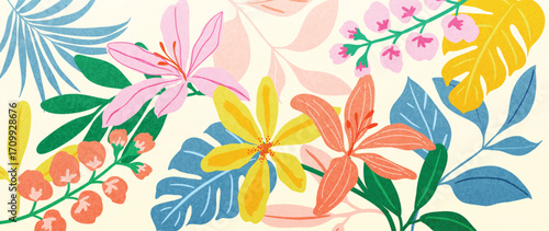 Abstract tropical plant background vector. Colorful boho foliage botanical tropical leaves and floral pattern. Illustration for summer sale banner , wall art, prints and fabrics.