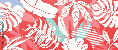 Abstract tropical plant background vector. Colorful boho foliage botanical tropical leaves and floral pattern. Illustration for summer sale banner , wall art, prints and fabrics.
