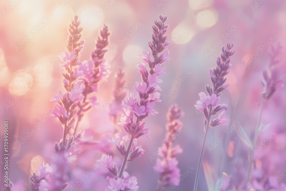 Obraz premium Soft Focus Lavender Field at Sunrise with Warm Sunlight and Bokeh Effect