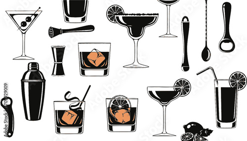 Vintage cocktail illustration collection assorted alcoholic drinks and barware tools seamless
