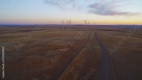 Wind Turbines at Sunset: Renewable Energy Landscape, Serene, Dramatic Sky.