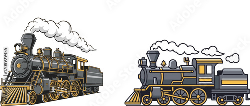 Illustrated Vintage Steam Locomotives with Emitting Smoke