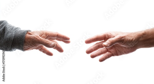 Two outstretched hands, nearly touching, against a plain white background.  The hands, weathered and showing signs of age, reach toward each other.  A subtle sense of connection or longing is conveyed