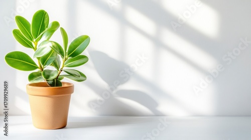 Serene Minimalism: Lush Green Plant in Terracotta Pot, Bathed in Sunlight, Against a White Wall