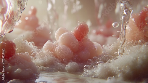 Lychee Fruit Cluster in Water, Close-Up with Bubbles and Soft Lighting