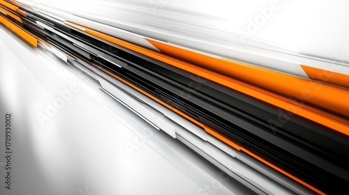 Dynamic Abstract Composition: Orange, Black, White Geometric Lines, Modern Design.