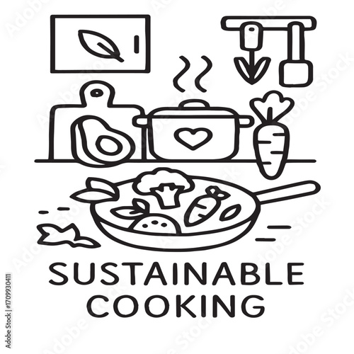 Plant-based meal preparation vector icon with white background.