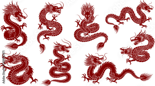 Elegant oriental dragons in varied poses, symbolic creatures of power and prosperity adorn a white background