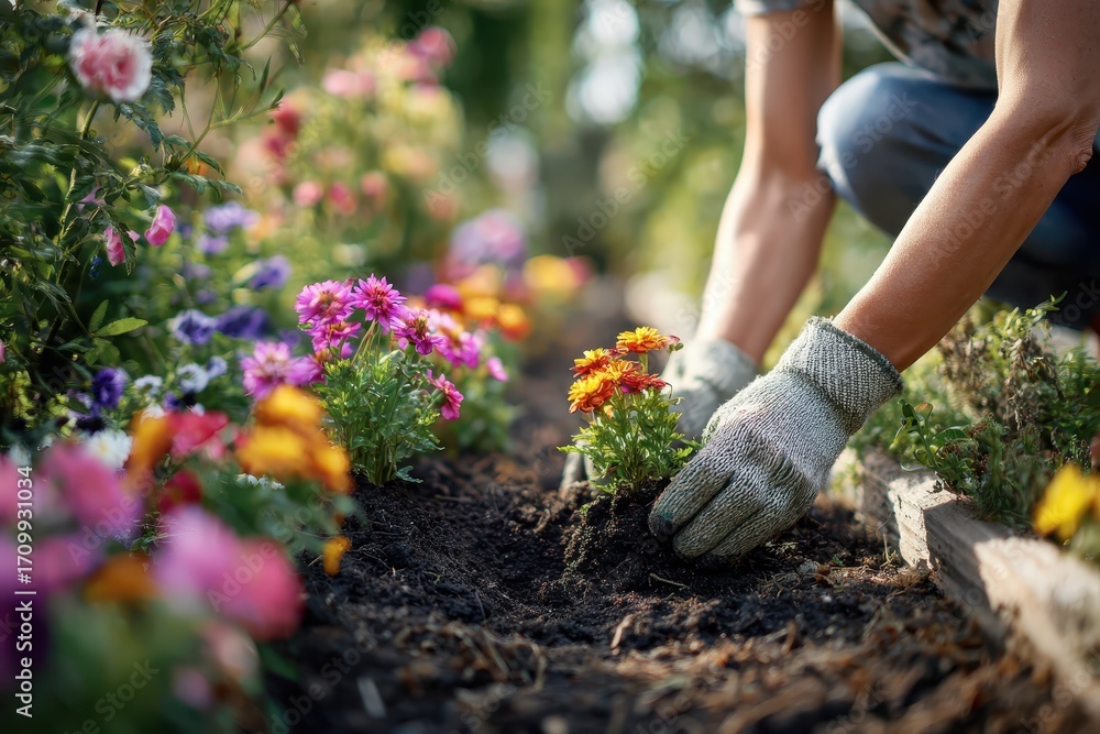 Fototapeta premium Woman planting vibrant summer flowers in a garden bed during a sunny afternoon, enhancing her home landscape with colorful blooms and joyful flora
