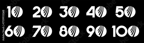 Set of collection numbers 10 to 100 with global finance element vector illustration. Global finance element with numbers 10, 20, 30, 40, 50, 60, 70, 80, 90, 100 for greetings, anniversary and more.	