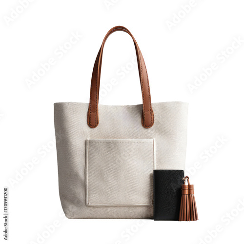 Cream canvas tote bag with tan leather accents