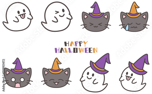 かわいいおばけと黒猫のハロウィンイラストセット素材