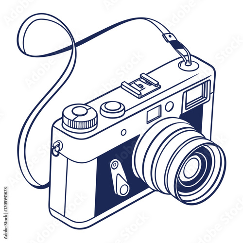 Vector illustration of a vintage camera icon, a retro photographic object with a zoom lens and flash symbol