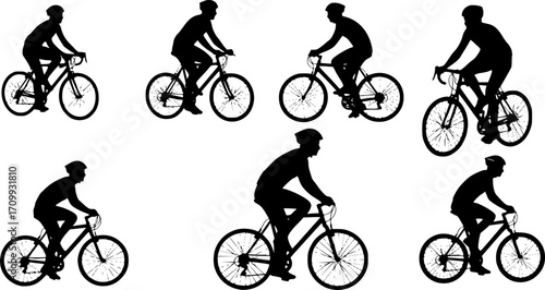 set of silhouettes of people riding bicycle. cyclist side view.
