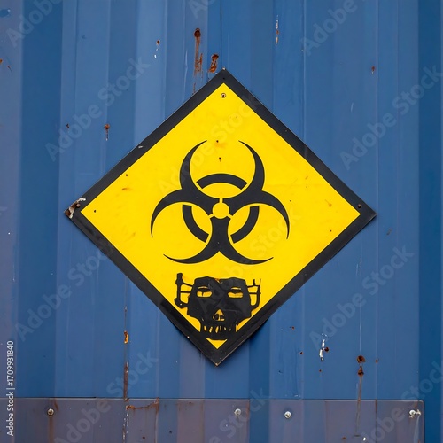 Yellow diamond biohazard sign on blue metal