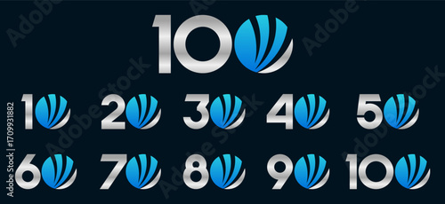 Set of collection numbers 10 to 100 with global finance element vector illustration. Global finance element with numbers 10, 20, 30, 40, 50, 60, 70, 80, 90, 100 for greetings, anniversary and more.	