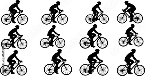 set of silhouettes of people riding bicycle. cyclist side view.