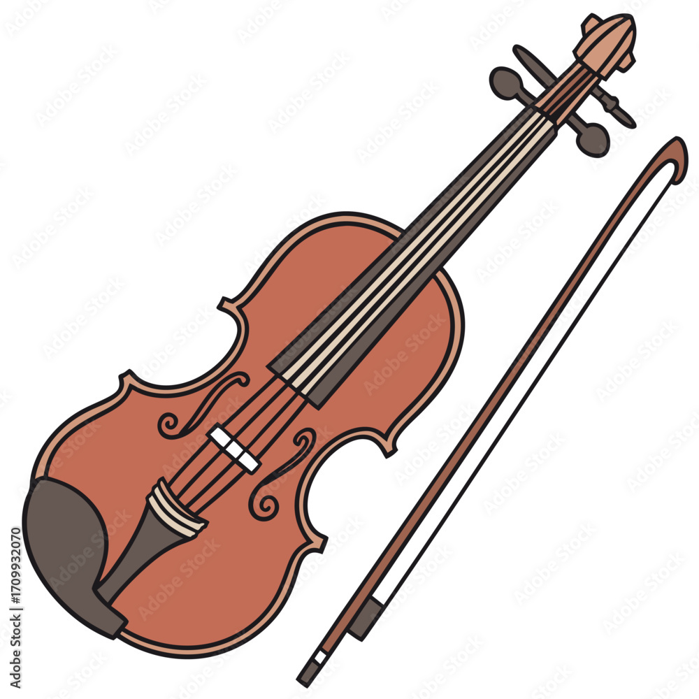 Fototapeta premium A beautiful old wooden violin with a bow rests isolated on a pure white background, a classic stringed musical instrument