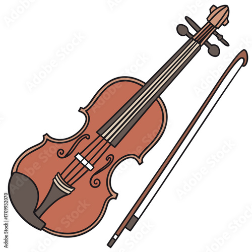 A beautiful old wooden violin with a bow rests isolated on a pure white background, a classic stringed musical instrument