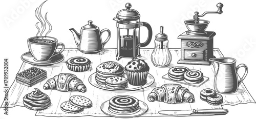 Hand drawn sketch style coffee shop set illustration of various coffees and bakery items collection