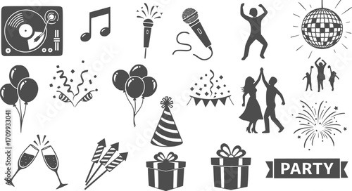 Energetic party icons set capturing celebrations with music, dance, and festive spirit, line art style