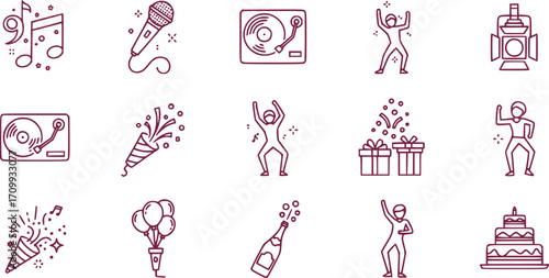 Energetic party icons set capturing celebrations with music, dance, and festive spirit, line art style