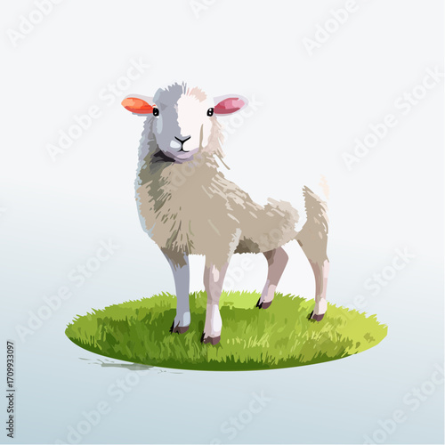 3D Schaf, stehend auf grüner Wiese, sonniger Tag, weiches Fell, fotorealistisch