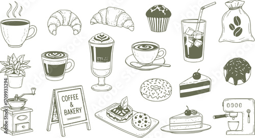 Hand drawn sketch style coffee shop set illustration of various coffees and bakery items collection