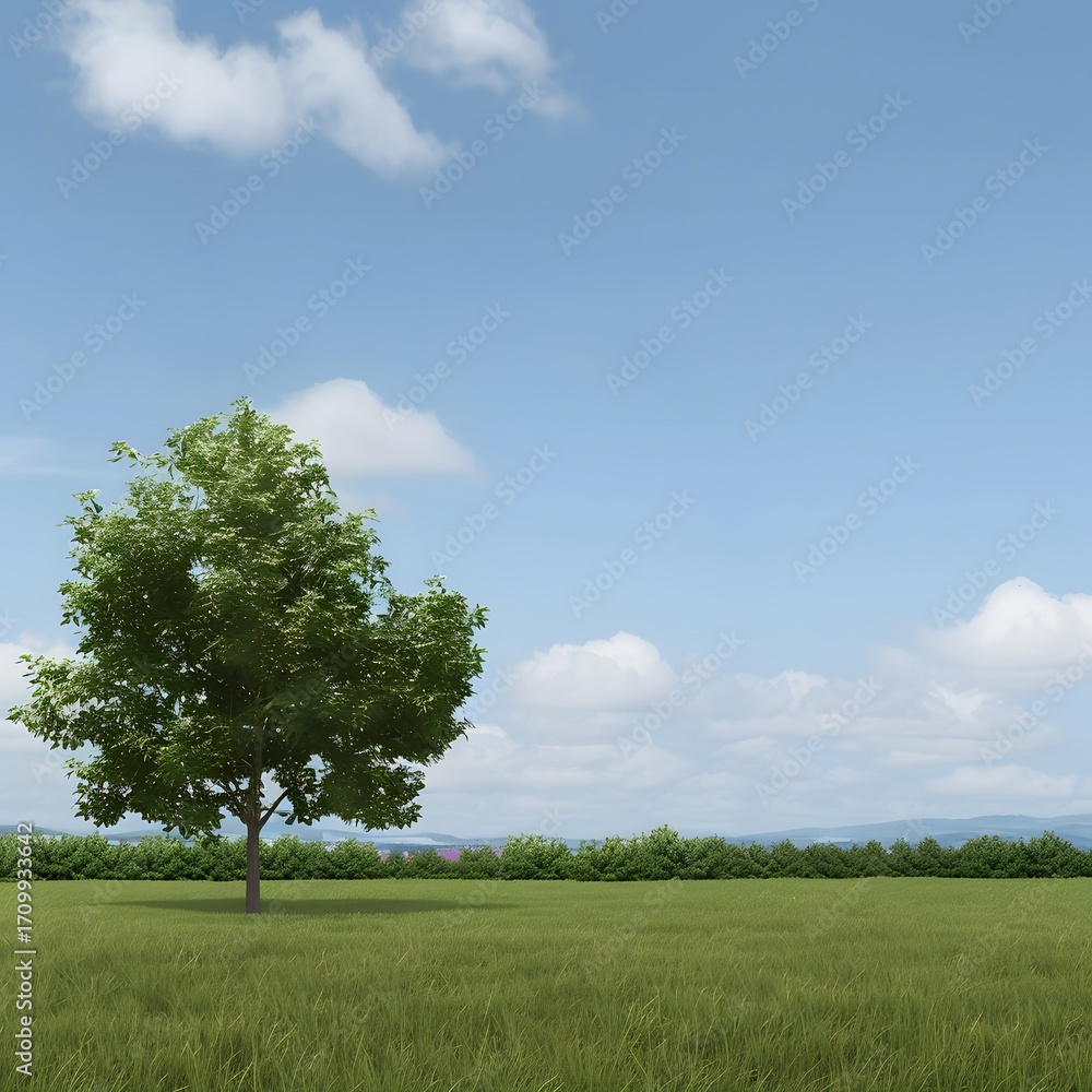 Obraz premium A solitary oak stands on a green meadow under a vast blue sky with fluffy white clouds, defining the serene rural landscape