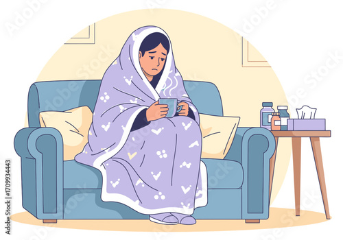 Vector art of woman covered in blanket sitting on couch feeling sick