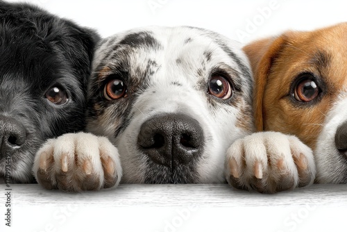 Dogs peek with curious eyes and paws over a white web banner, showcasing their playful nature and eagerness for attention and affection in a charming and heartwarming display